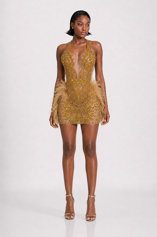 Cleo gold crystal rhinestone mini dress