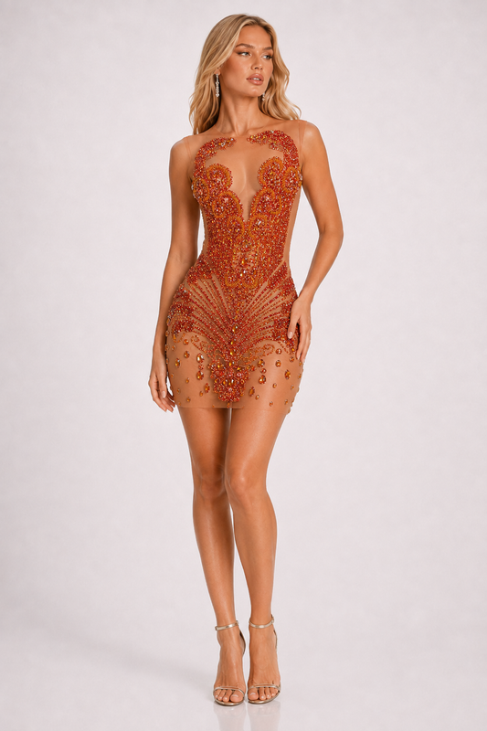 Ember orange crystal rhinestone mini dress