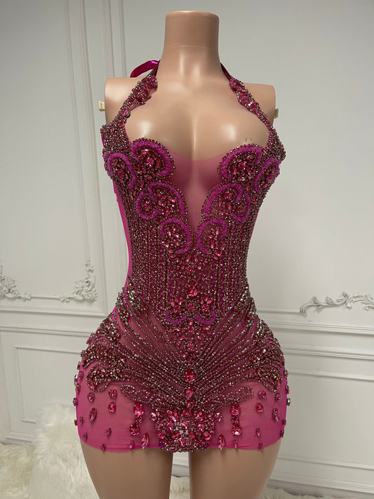 KHARI HOT PINK Crystal Rhinestone Dress