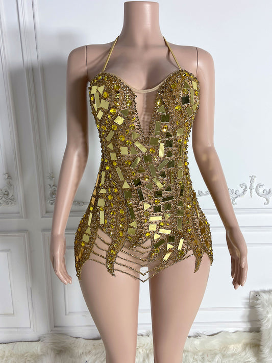 VALENTINA GOLD Crystal Rhinestone Dress