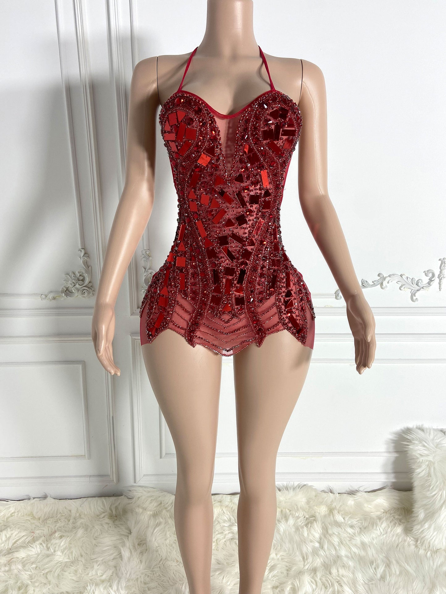 VALENTINA RED Crystal Rhinestone Dress