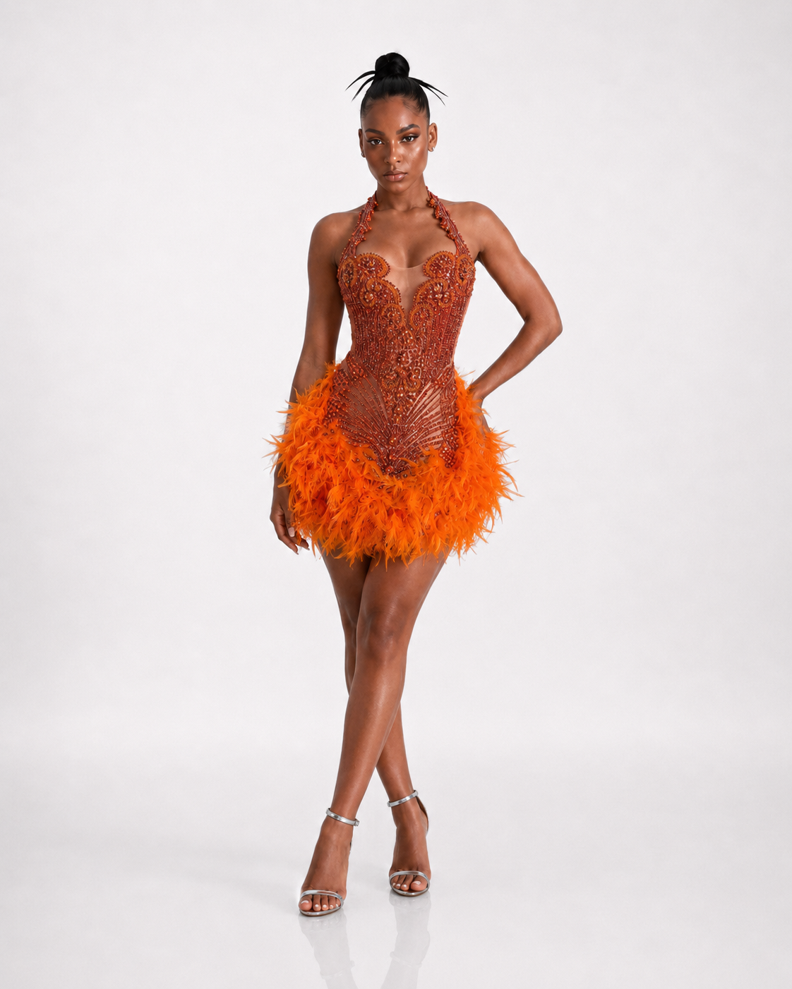 Phoenix orange crystal rhinestone mini dress